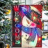Solar Christmas Flag Light-Welcome Snowman Double-Sided Snowflake Garden Yard Hanging Flags Decor LED 8 Lighting Modes for Porch Outdoor Winter