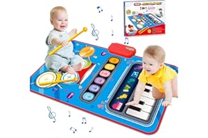 UNIWA Baby Toys for Toddlers, 2 in-1 Musical Mat for Boys & Girls, Piano Keyboard & Drum Mat with 2 Sticks, Early Educational Musical Toys First Birthday Gifts for Kids -Blue