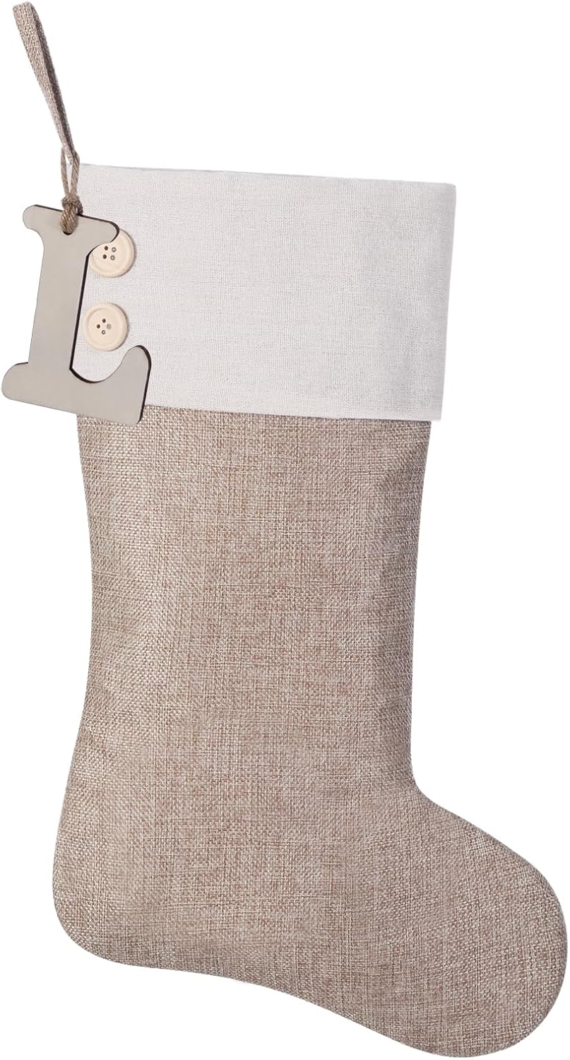 Stockings & Holders - JKSVE 19.5 inch Burlap Christmas Stockings, Personalized Wooden Initial Monogram Christmas Stocking, Christmas Party Family Decor (L)