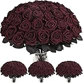 100 Pcs Black Red Roses Artificial Flowers, Real Touch Velvet Roses Bouquet Fake Flowers Bulk, Artificial Roses with Long Stems for Valentines Day Gift DIY Bridal Wedding Centerpiece Decorations