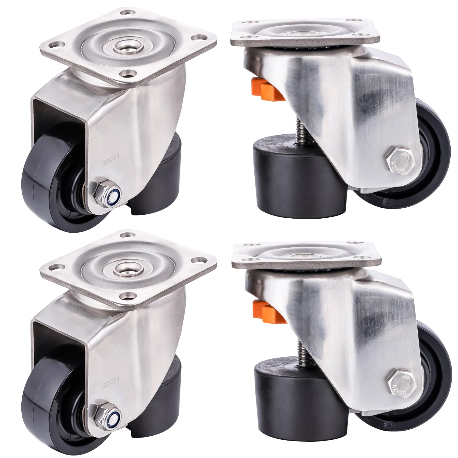 KATSU Levelling Castors 4PCs, 150KG Static Load Capacity, Stainless Steel 40mm Diameter Retractable Leveling Swivel Casters Plate Wheels Adjustable Height for Furniture Trolley Workbench