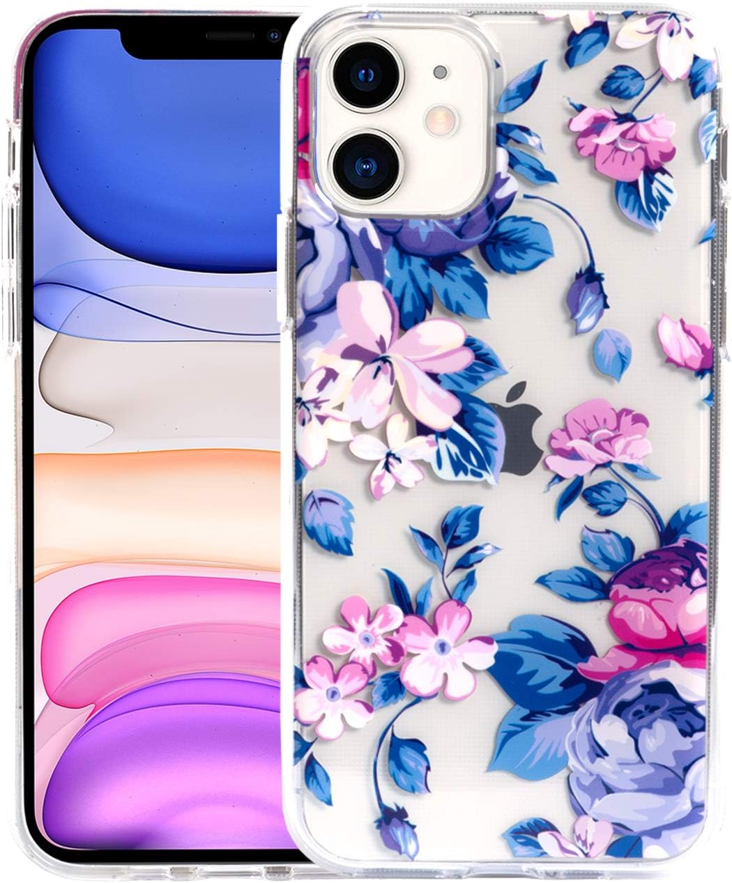 Sephonie Flower Case for iPhone 11 (6.1"), Floral Pattern Clear Slim Fit Ultra-Thin Girly Design, Shockproof Protective Hard PC Back with Soft TPU Bumper Phone Cover for Girls and Women | Blue-Pink