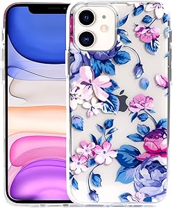 Sephonie Flower Case for iPhone 11 (6.1"), Floral Pattern Clear Slim Fit Ultra-Thin Girly Design, Shockproof Protective Hard PC Back with Soft TPU Bumper Phone Cover for Girls and Women | Blue-Pink