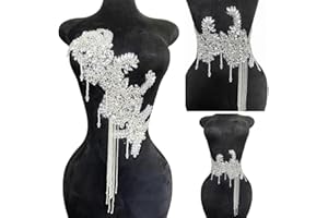 ESOSZNUA Pure Handmade Rhinestone Fringe Patch Trim Crystal Beaded Applique for Sewing Crafts Wedding Party Decoration Bridal Dress Accessories 16.1X16.9inches (Silver)