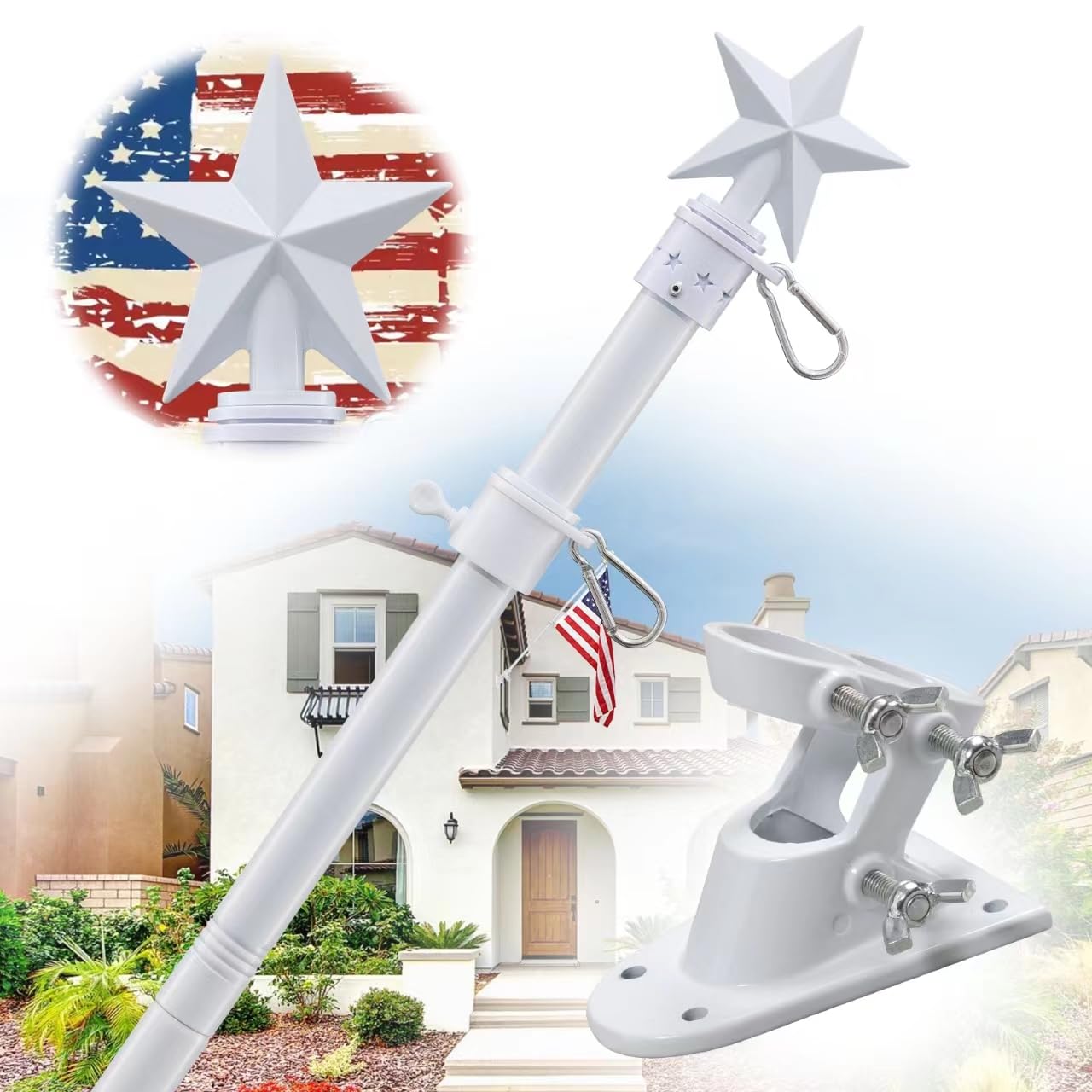 Photo 1 of House Flag Pole Kit - 5ft Tangle Free Flag Pole Holder for Outside House,Heavy Duty American Flag Poles for 3x5 Flags Outdoor,Decorative Metal Flagpole for Porch,Garage,Wall Mount - White