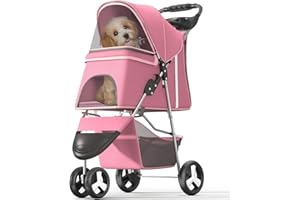 OS MOTOR Pet Stroller with 3 Wheels for Small/Medium Pets, Portable Travel Foldable Carrier Jogger for Dog Cat Puppy Kitty, Rear Wheel Breaks, Storage Basket, Visible Mesh with Weather Cover (Pink)