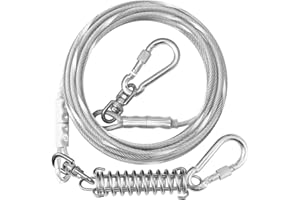 EVILPLAN Dog Tie Out Cable for Outside,10FT Long Dog Leash&Chains with Shock Absorbing Spring,Small-Large Dog Runner Cable for Yard,Heavy Duty Dog Lead Line for Outdoor and Camping(500lbs 10FT, Silver&White)