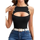 Vrtige Women's Cut Out Crewneck Ribbed Knit Sleeveless Slim Fit Tank Top Shirt