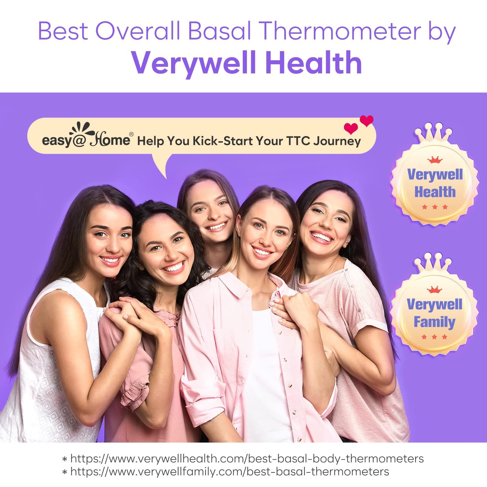 Easy@Home Smart Basal Thermometer, Large Screen and Backlit, Period Tracker with Premom (iOS & Android) - Auto BBT Sync, Charting, Coverline, Accurate Fertility Prediction EBT-300 Purple