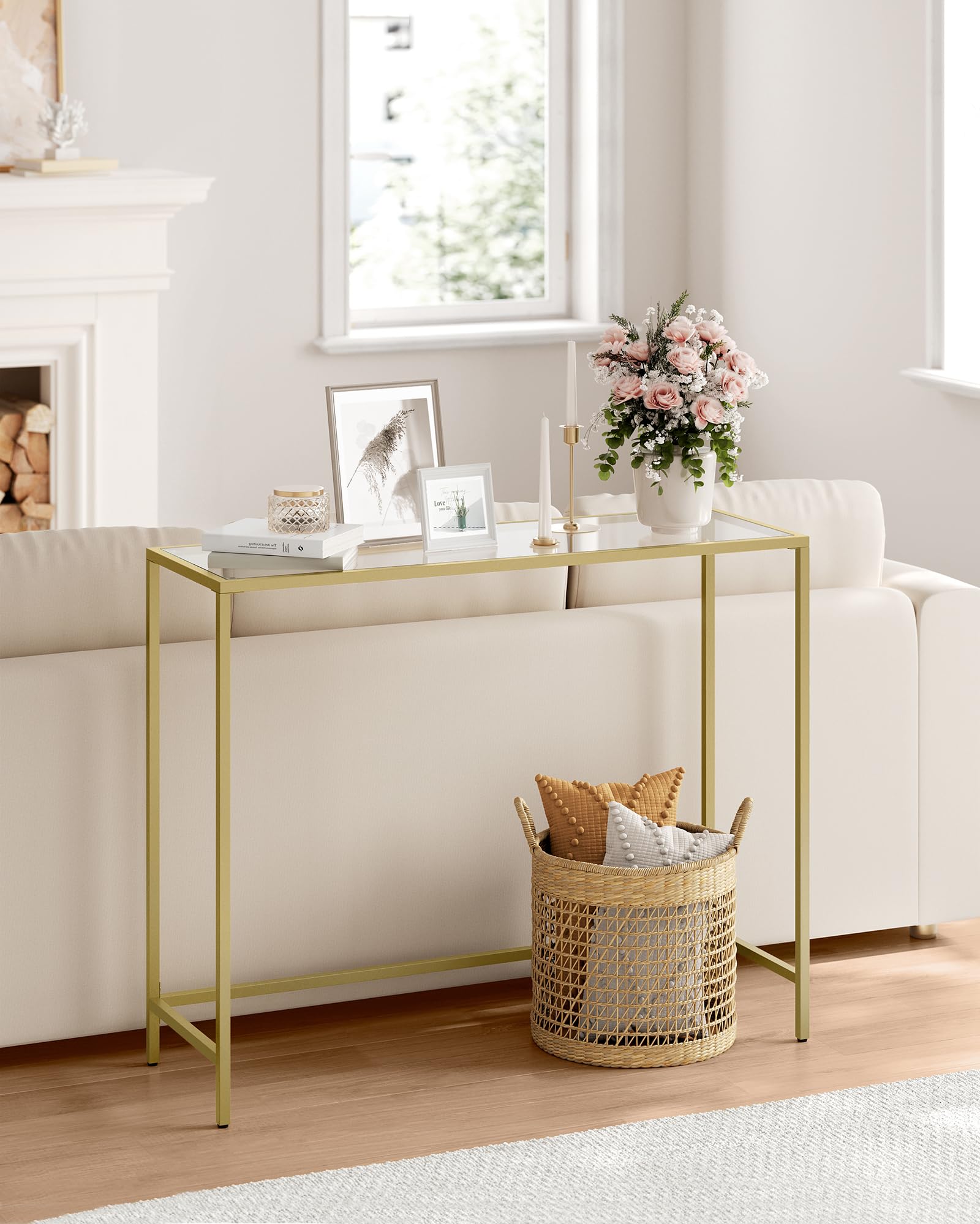 VASAGLE Entryway Table, Console Table, Tempered Glass Tabletop, Modern Sofa Table, Easy Assembly, with Adjustable Feet, for Living Room, Entryway, Pale Gold and Transparent ULGT132A01