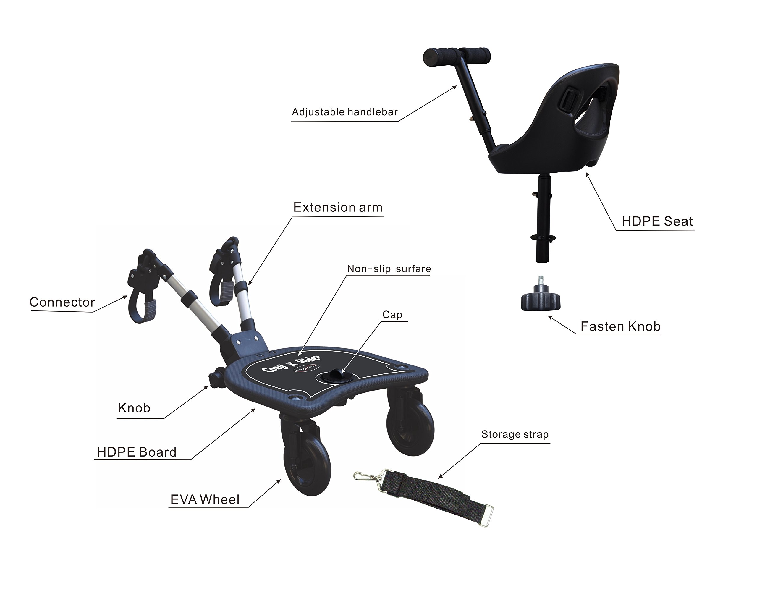 Englacha 2-in-1 Cozy X Rider, Black - Child Rider Stroller Attachment with Saddle Seat and Standing Platform - Universal Fit for Most Prams - Quick and Easy to Use - Designed for Safety