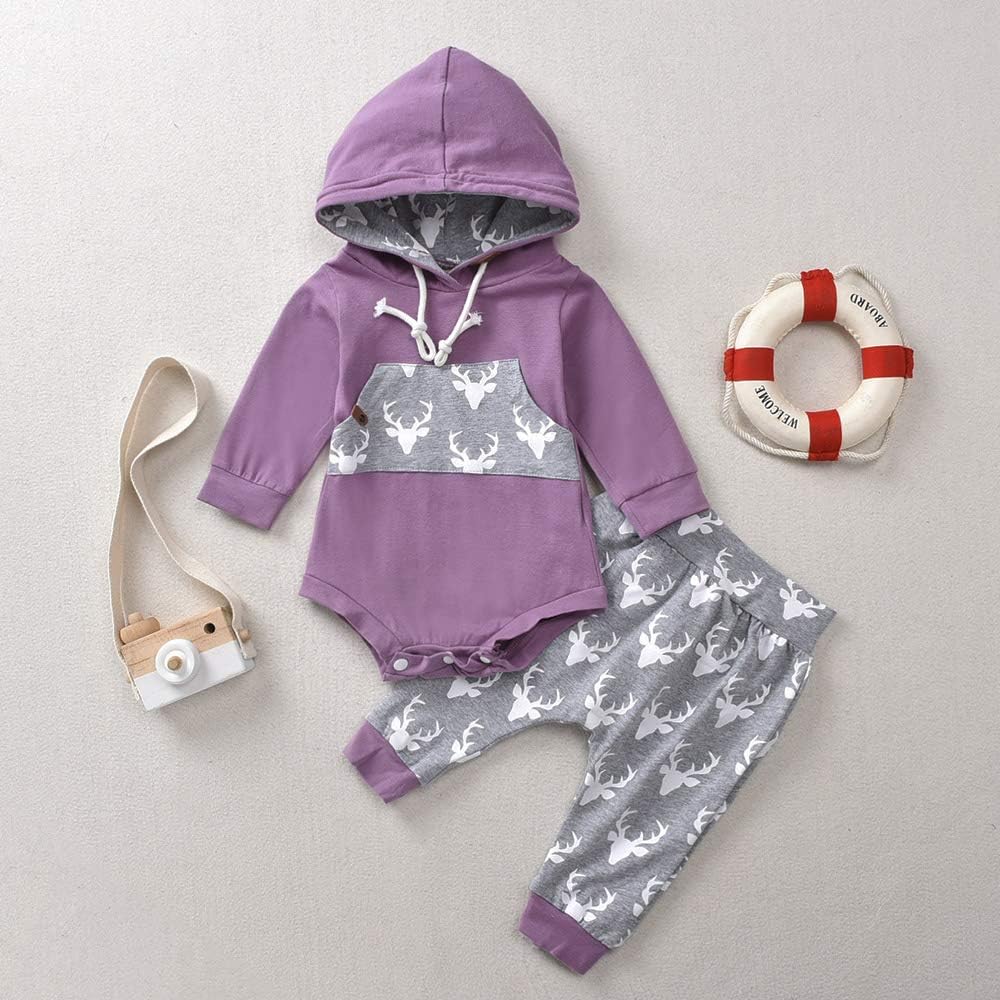 Newborn Baby Boy Girl Long Sleeve Deer Romper Pullover Hooded Tops Pants 2Pcs Sweatshirt Outfits Set: Clothing