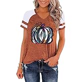 Earlymemb Womens Halloween V Neck Shirt Funny Pumpkin Printed T Shirt Hocus Pocus Graphic Tee Fall Raglan Color Block Tops