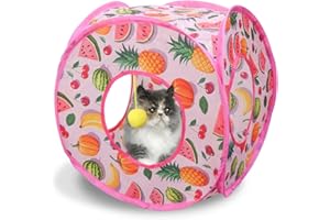 Andiker Small Cat Tents for Indoor Cats, Summer Fruit Patten 15" Foldable Cat Tube with 1 Plush Ball and 3 Holes Kitten Hide-and-Seek Toy to Relieve Boredom Also for Kitten Rabbits (Pink)
