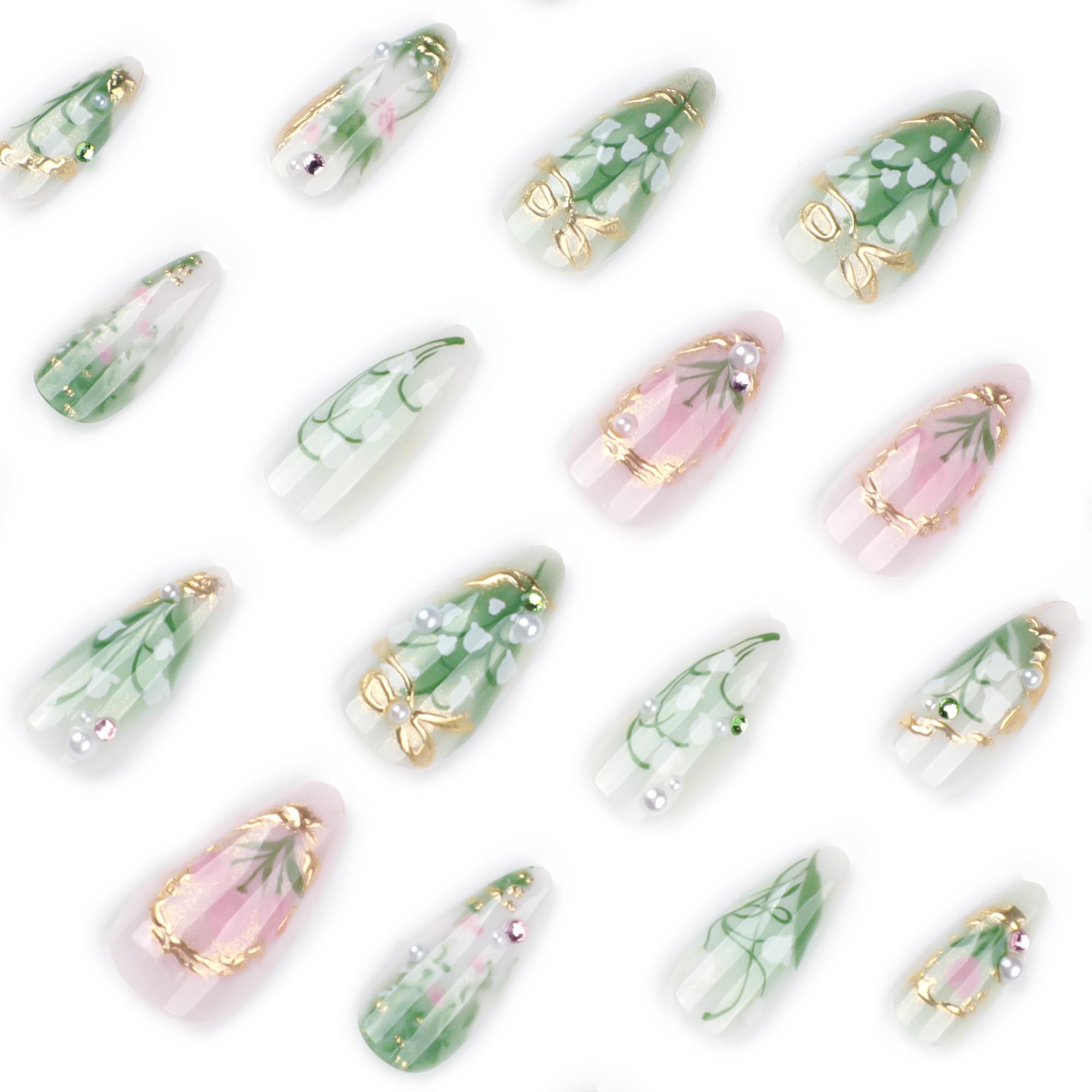 LBPEPAMZ Green Press on Nails Medium Almond Fake Nails with 3D Pearl Rhinestones Designs Gold French Tips Flower Acrylic Nails False Nails White Floral Full Cover Glossy Stick on Nails for Women 24Pcs - Image 3