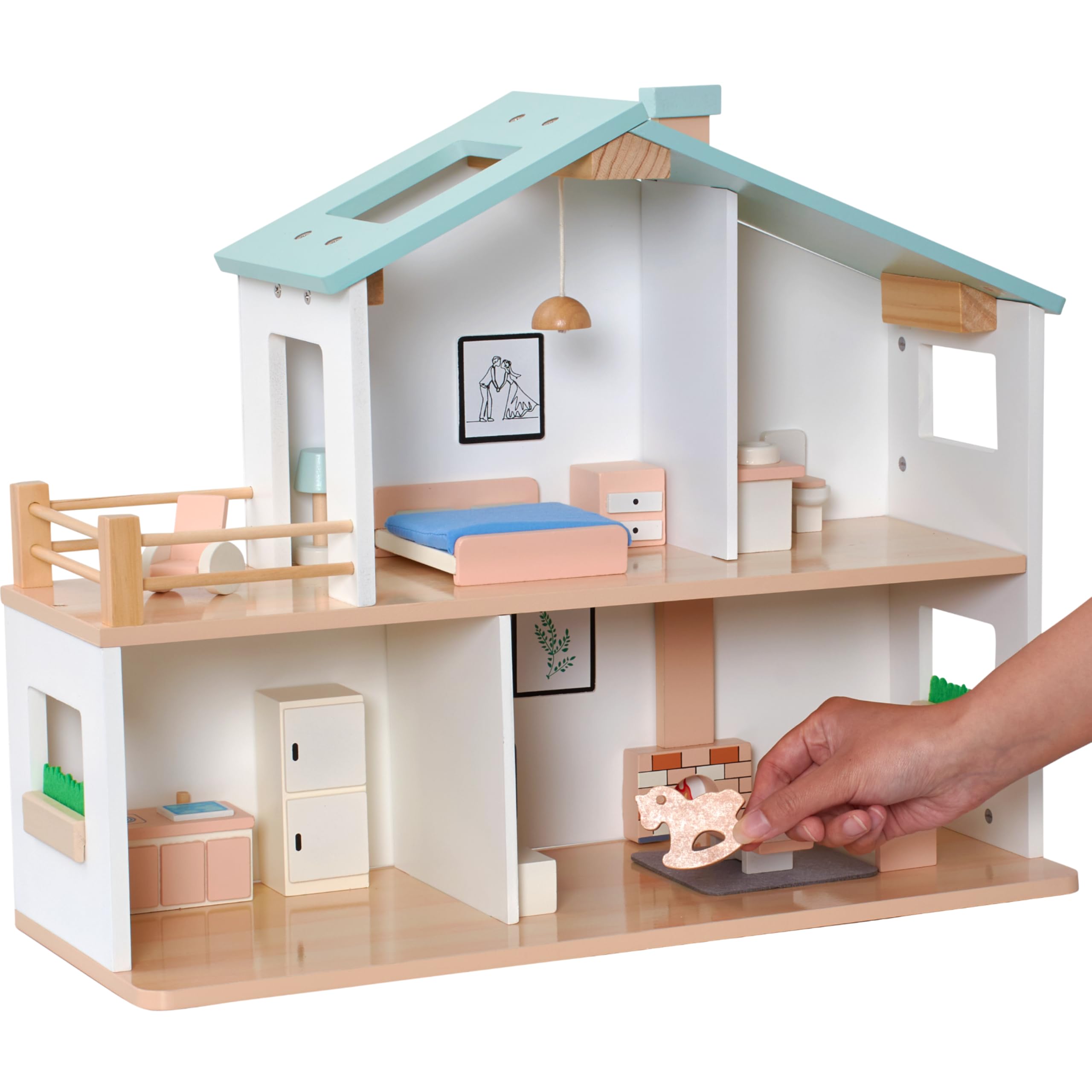 Jewelkeeper Puppenhaus Holz - Mehrfarbig - Spielpuppenhaus für Kinder ab 3+ - 20 Teile - Aus Holz und Stoff - Großartig für die Augen-Hand-Koordination