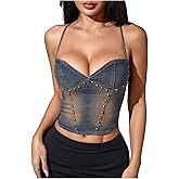 MakeMeChic Women's Y2k Denim Camis Crop Top Backless Rivet Studded Jean Tops