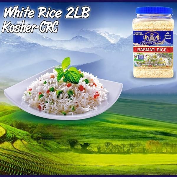 GOLDEN CROWN WHITE BASMATI RICE, PREMIUM QUALITY GLUTEN-FREE, KOSHER & HALAL, NATURALLY AGED LONG GRAIN NON-STICKY & FLUFFY AROMATIC HIMALAYAS RICE – 32 OZ (2LB)