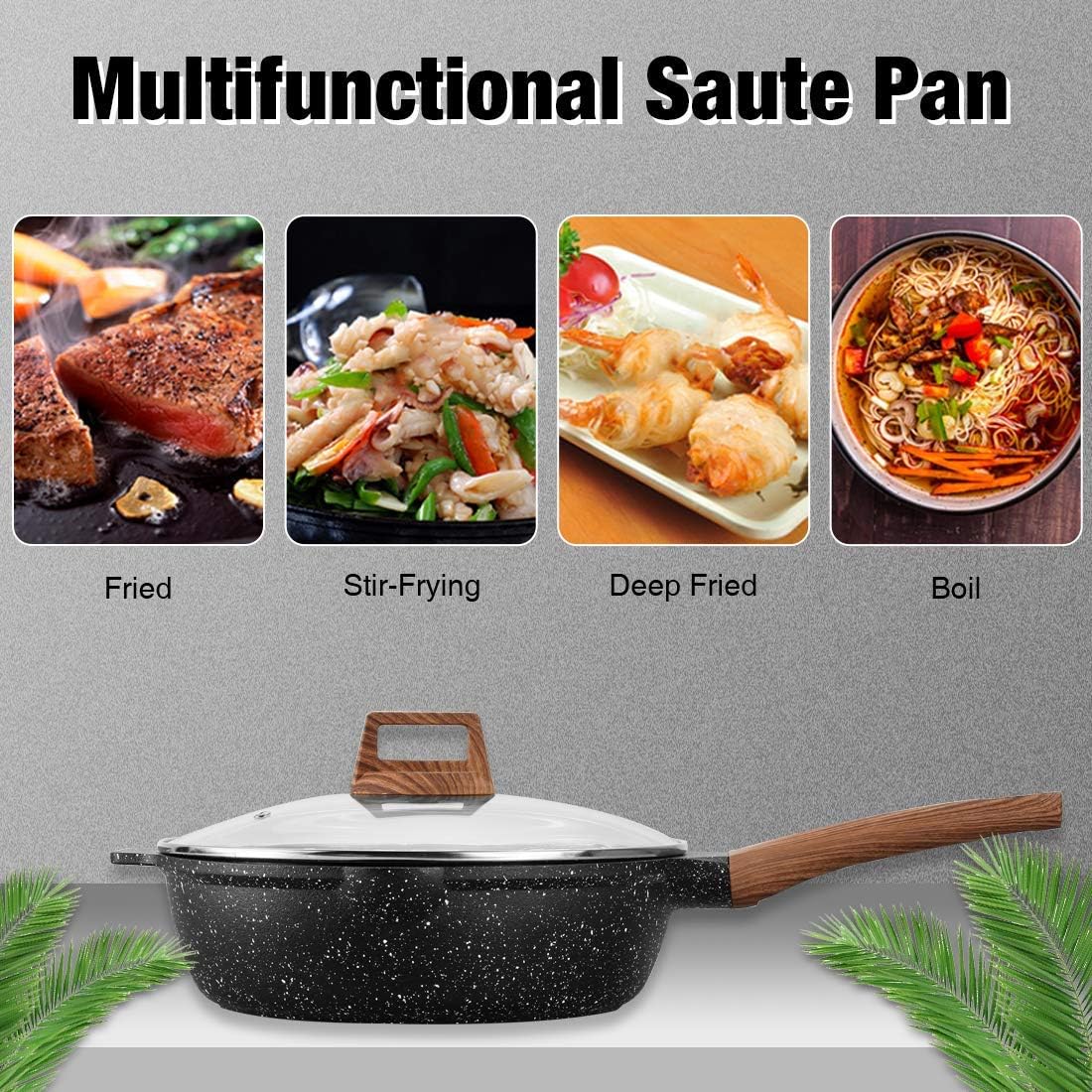 ESLITE LIFE Deep Frying Pan with Lid Nonstick Saute Pan with Granite Stone Coating, 11 Inch (5Quart): Kitchen & Dining