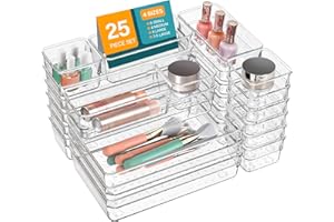 LUSCREAL 25 PCS Plastic Drawer Storage, 4 Sizes Clear Drawer Organizers, Versatile Drawer Dividers for Bathroom, Vanity, Makeup, Utensil, Kitchen and Office
