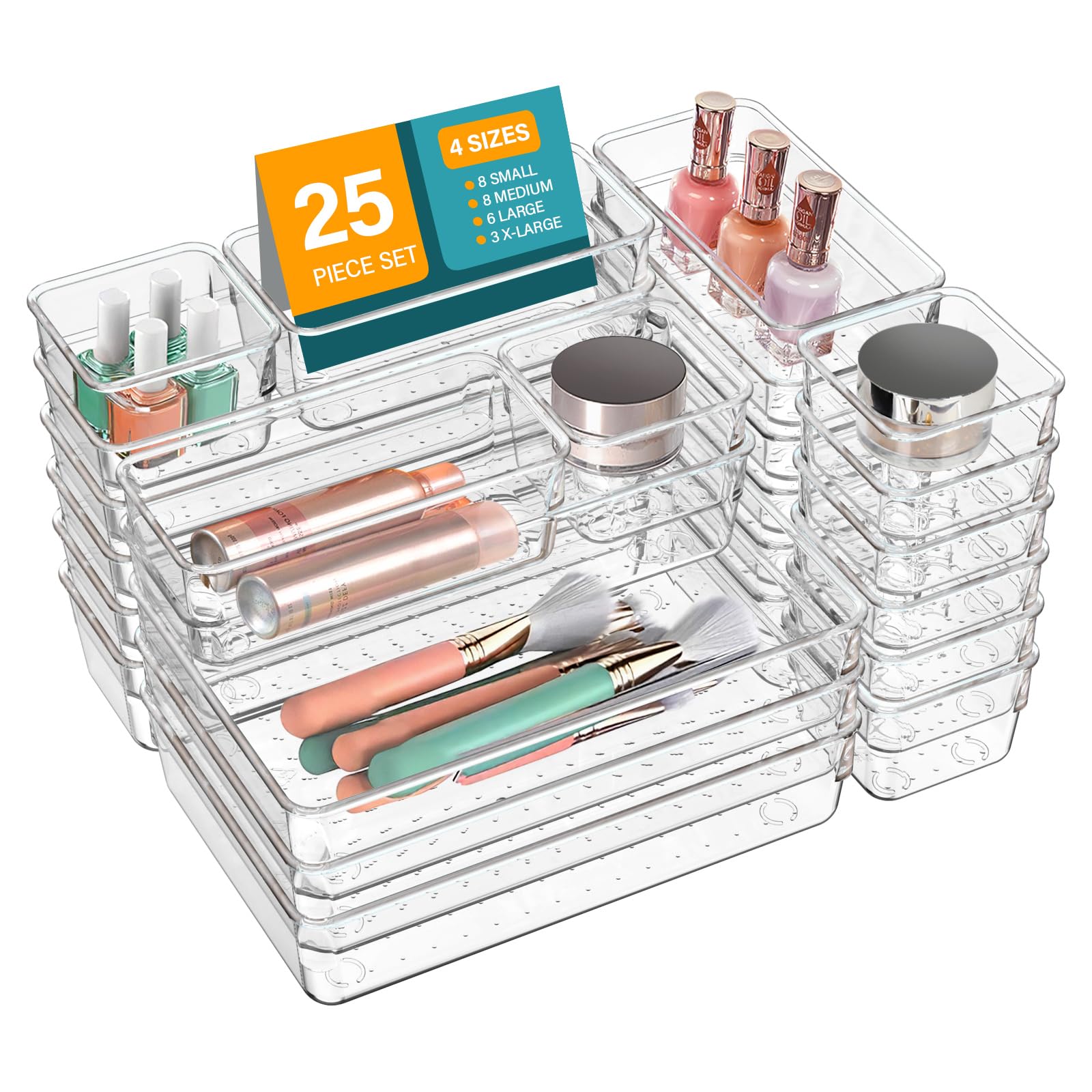 Photo 1 of LUSCREAL 25 PCS Clear Plastic Drawer Organizers and Dividers, 4 Sizes Stackable Drawer Storage Bins and Organizer Trays for Bathroom, Kitchen, Office, Makeup, Vanity, Utensils, and Crafts