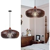 Arturesthome Farmhouse Round Wood Pendant Light, Rustic Wooden Hanging Ceiling Light Fixture for Kitchen Island Cafe Basement