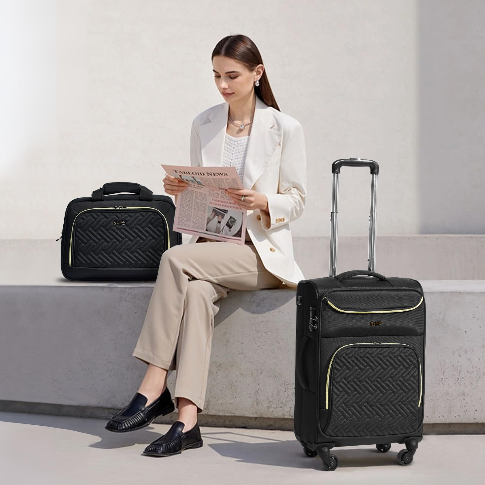 Coolife Luggage Carry On Luggage Suitcase Softside Wheeled Luggage Lightweight Rolling Travel Bag (Black, Carry-On 20-Inch)