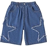 Hilinker Girls Jean Shorts Star Distressed Patch Elastic High Waist Wide Leg Bermuda Denim Shorts