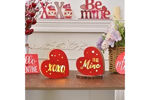 GHOSTMAGIC Valentine's Day Heart Decor – 2PCS Lighted Wooden Heart Decorations, "Be Mine" & "XOXO" Table Decor with LED Lights, Valentines Day Centerpiece for Tiered Tray Shelf Mantel Fireplace Desk (red)