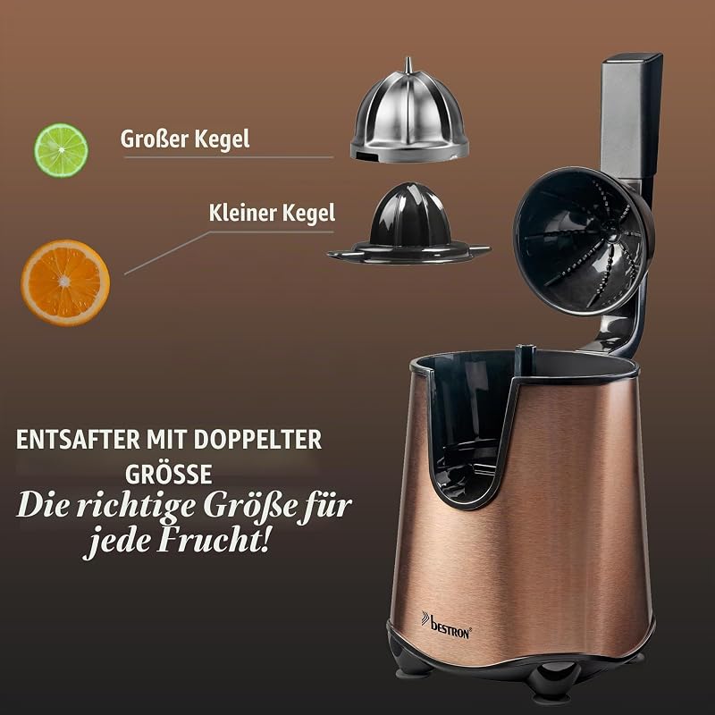 elektrische Saftpresse, Orangenpresse mit Auslauf-Stopp Funktion & edelstahl Fruchtfleischsieb, inkl. 2 Presskegel, 450ml Kapazität, Soft-Press Hebel für einfache Bedienung, Farbe: Kupfer
