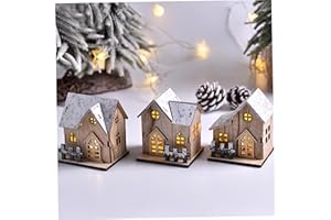 Wood Christmas Village Sets, 3pcs 9.5cm/3.7inch Wooden Light Up Christmas Village Scene Ornament, Mini Wooden Craft House Dec