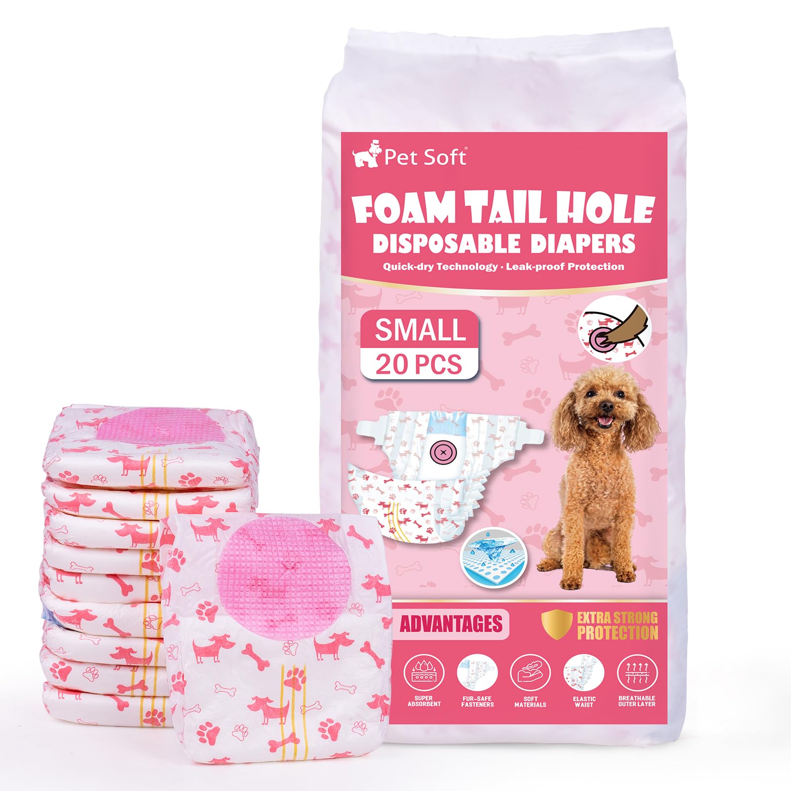 Pet Soft Dog Nappies Female, 20 Count Disposable Dog Pants Female Small, Super Absorbent Disposable Dog Diapers for Girl Dogs in Season/Heat/Incontinence with Adjustable Tail Hole (S 20Count)