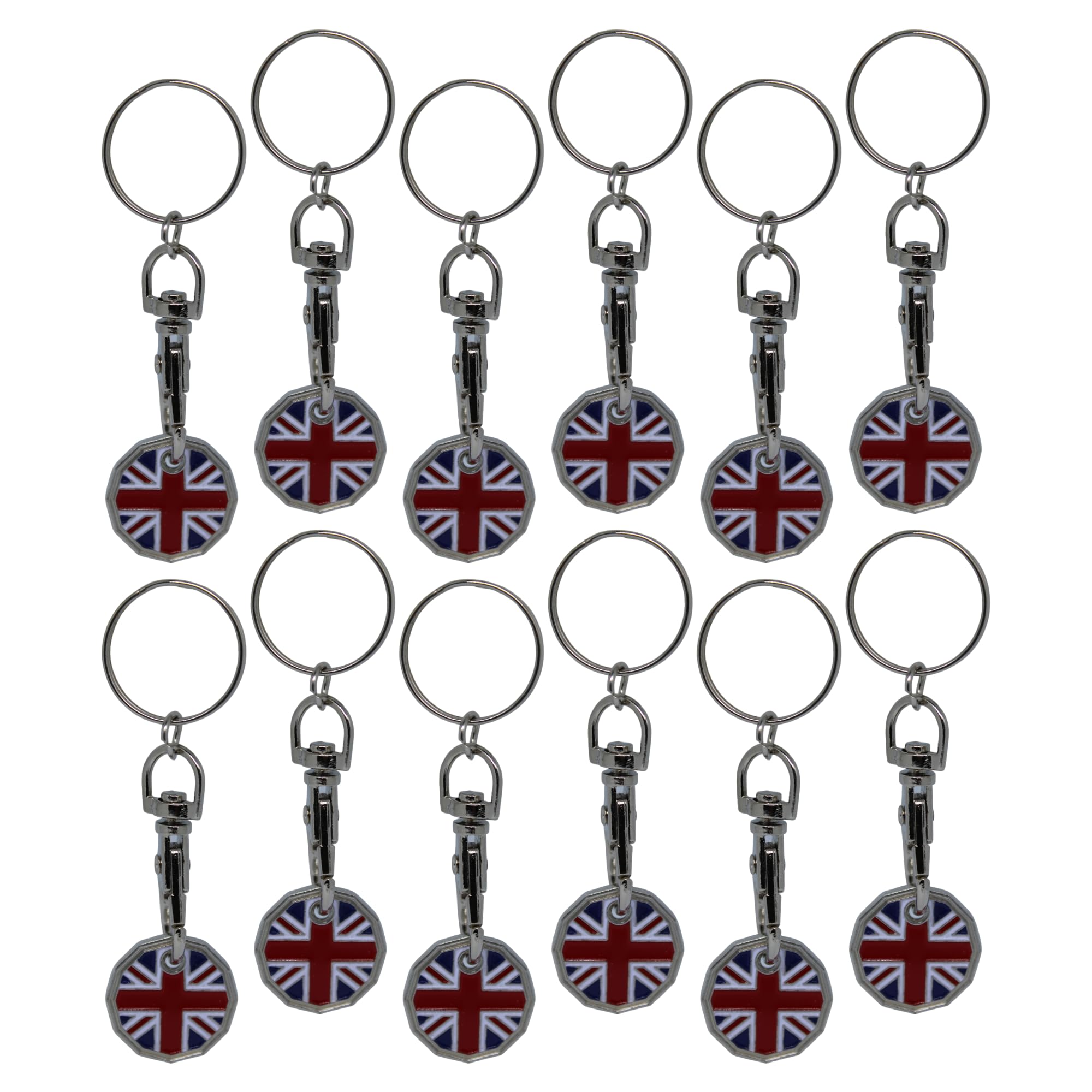 12pk Shopping Trolley Token Key Ring | Trolley Tokens for Supermarket, Gym Locker | New Pound Coin UK Tokens (12pk Union Jack)