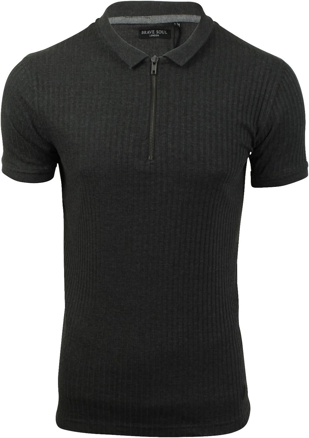 Brave Soul Mens Ribbed Zip Neck Polo T-Shirt Short Sleeved (Dark Charcoal) M: Amazon.co.uk: Clothing