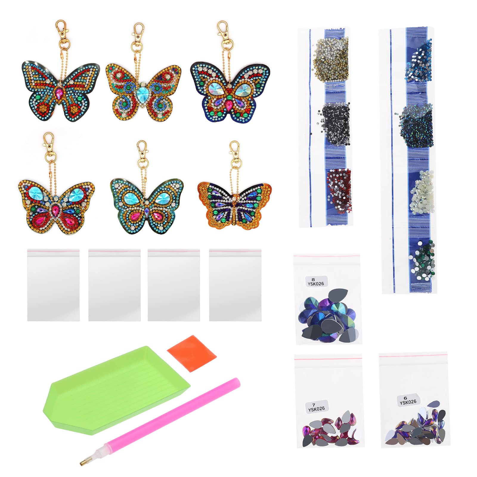 eMagTech 6PCS 5D Rhinestone Painting Butterfly Keychain Set Double Sided Full Drill Rhinestone Key Chain Pendant DIY Arts Crafts Supplies for Purse Backpack Handbag Decor