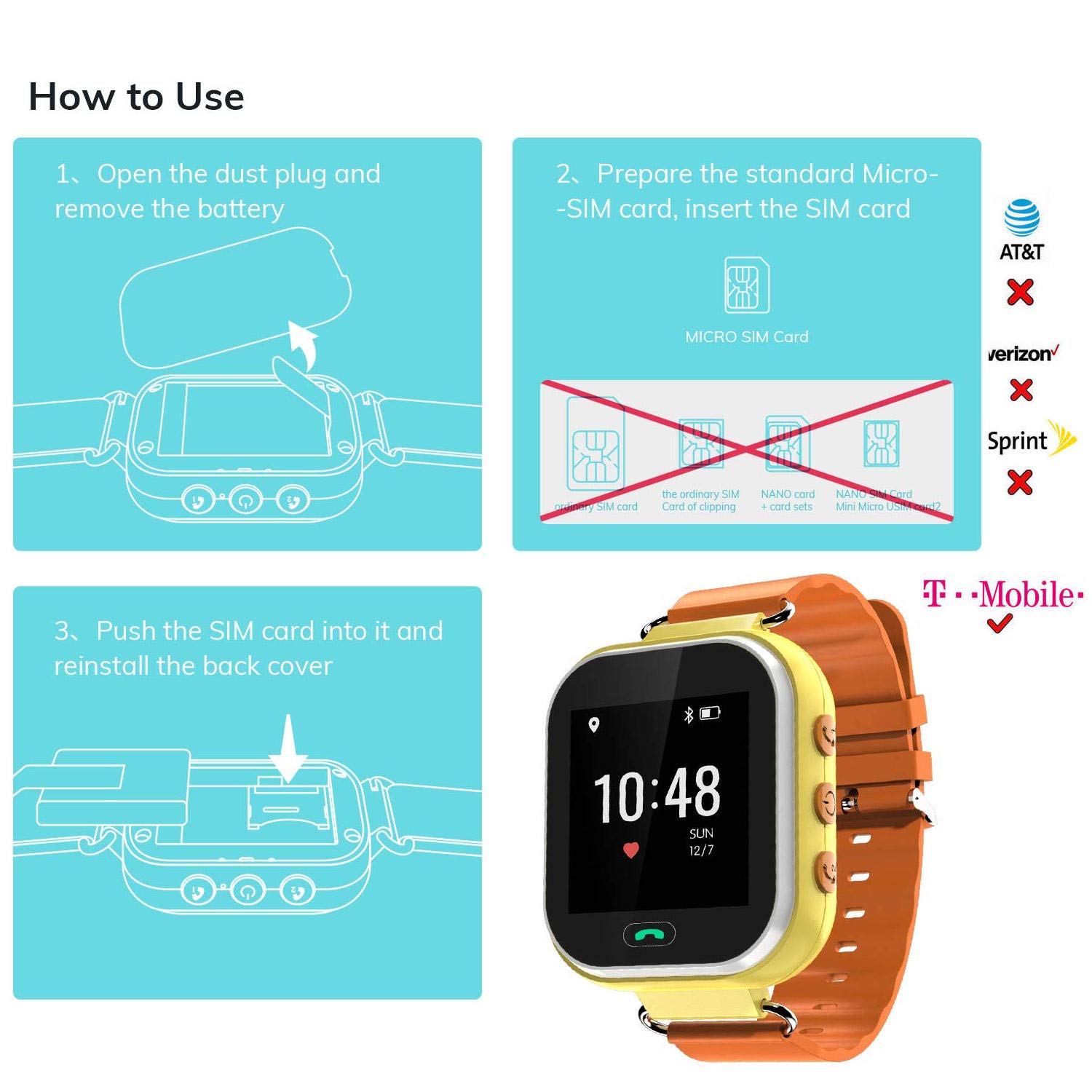 Wonbo Kids Smart Watch, GPS Phone Watch with SIM Slot SOS Call, Real-time Location Finder,Remote Monitor,Watch Remove Alert, Supports Android & iOS (Orange)
