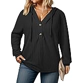 VISLILY Womens-Plus-Size-Hoodies Button V Neck Lightweight Knit Sweaters Casual Long Sleeve Tops Drawstring Hooded Sweatshirt