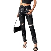 heipeiwa Women's Rhinestone Jeans Straight Denim Pants High Waist Sparkle Shiny Sequin Ripped Distressed Jean