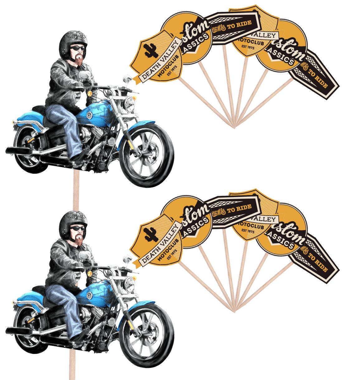 AK Giftshop Motorbike Rider - Harley - Chopper - Birthday - Event - Party Food - Cake Cupcakes - Picks Sticks Decorations Toppers Stand Up Food Flags (pack of 14)