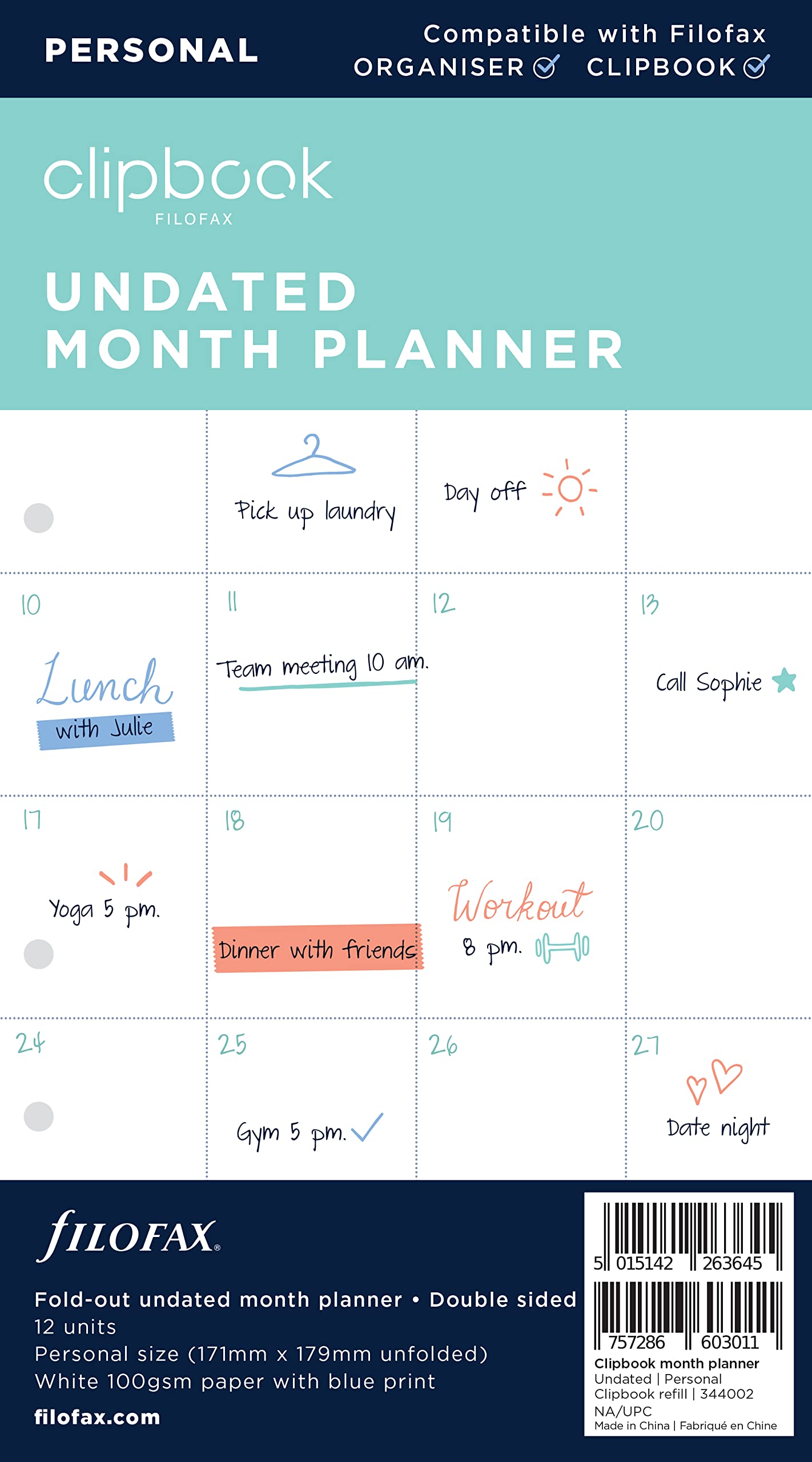 Filofax Personal Clipbook Undated Week to View Refill - White