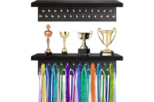DSVENROLY Medal Holder Display Trophy Shelf Organizer,Sturdy Wooden Medal Trophy Hanger Rack with 25 Steel Hooks, Wall Mount Medal Hanger for Race Medals Trophies Easy to Install……