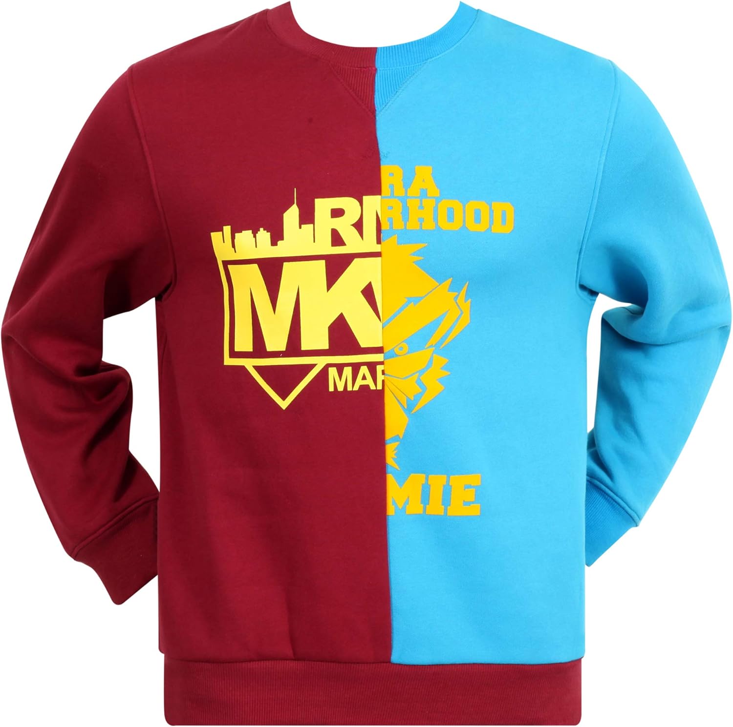 red and blue sweatshirt