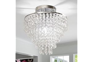 FRIXCHUR 11.8" Crystal Chandelier Chrome Flush Mount Ceiling Light 5 Tiers Raindrops Silver Chandeliers for Bedroom Hallway Living Room,E26 Base