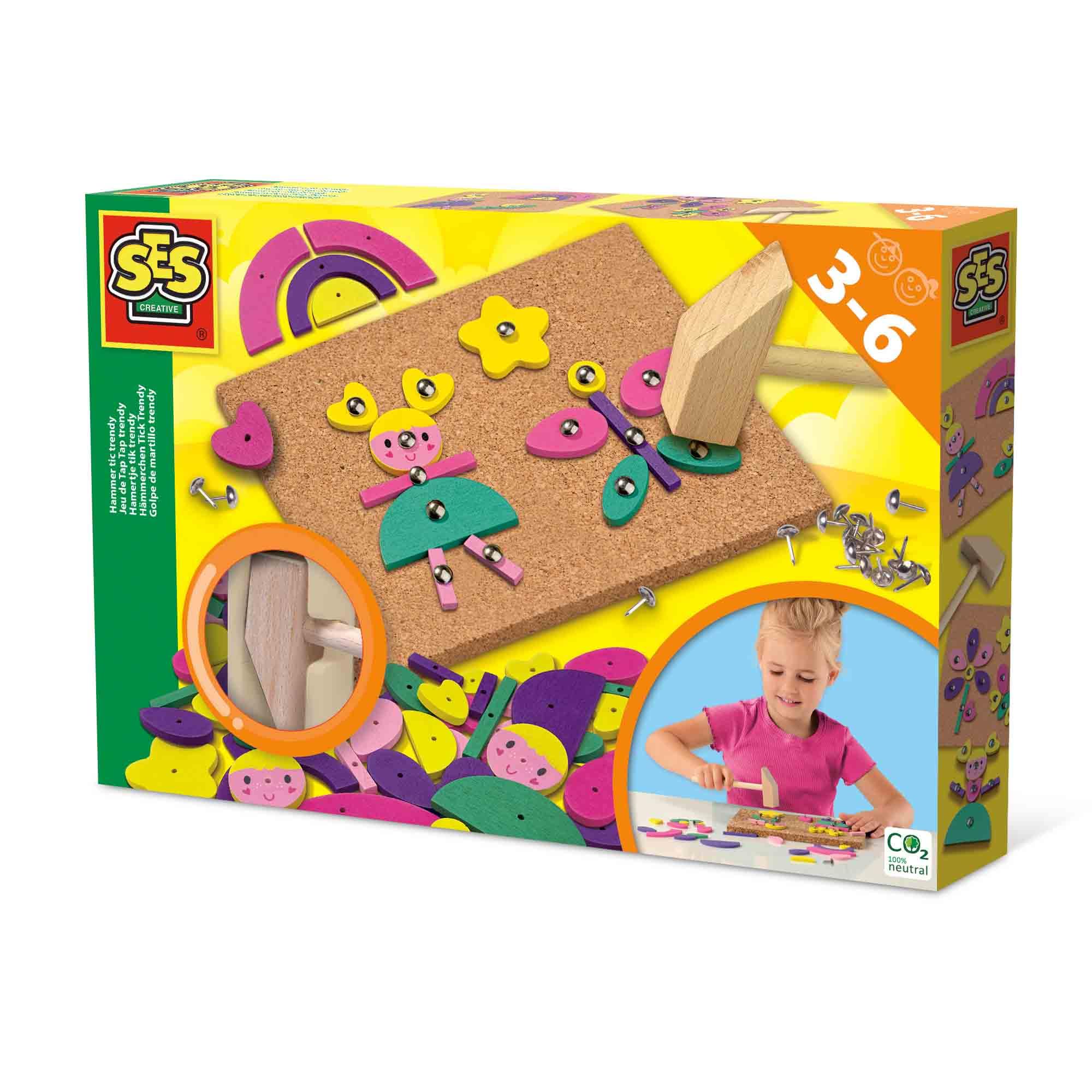SES Creative 00927 - Hammer tic trendy, thick cork board, hammer tap with pins, different coloured shapes, safe nails, complete set for children