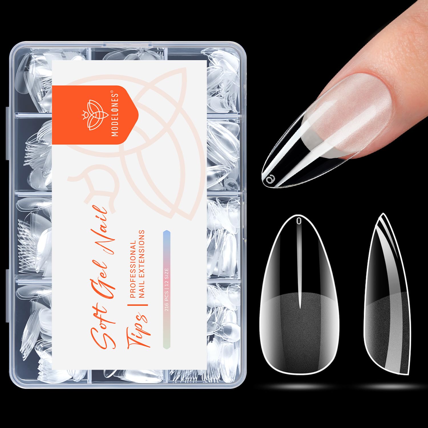 Modelones Medium Almond Nail Tips, 216PCS Pre-shaped Full Cover Fake Nails Soft Gel Acrylic Nail Tips Nail Extension False Nail Kit 12Sizes