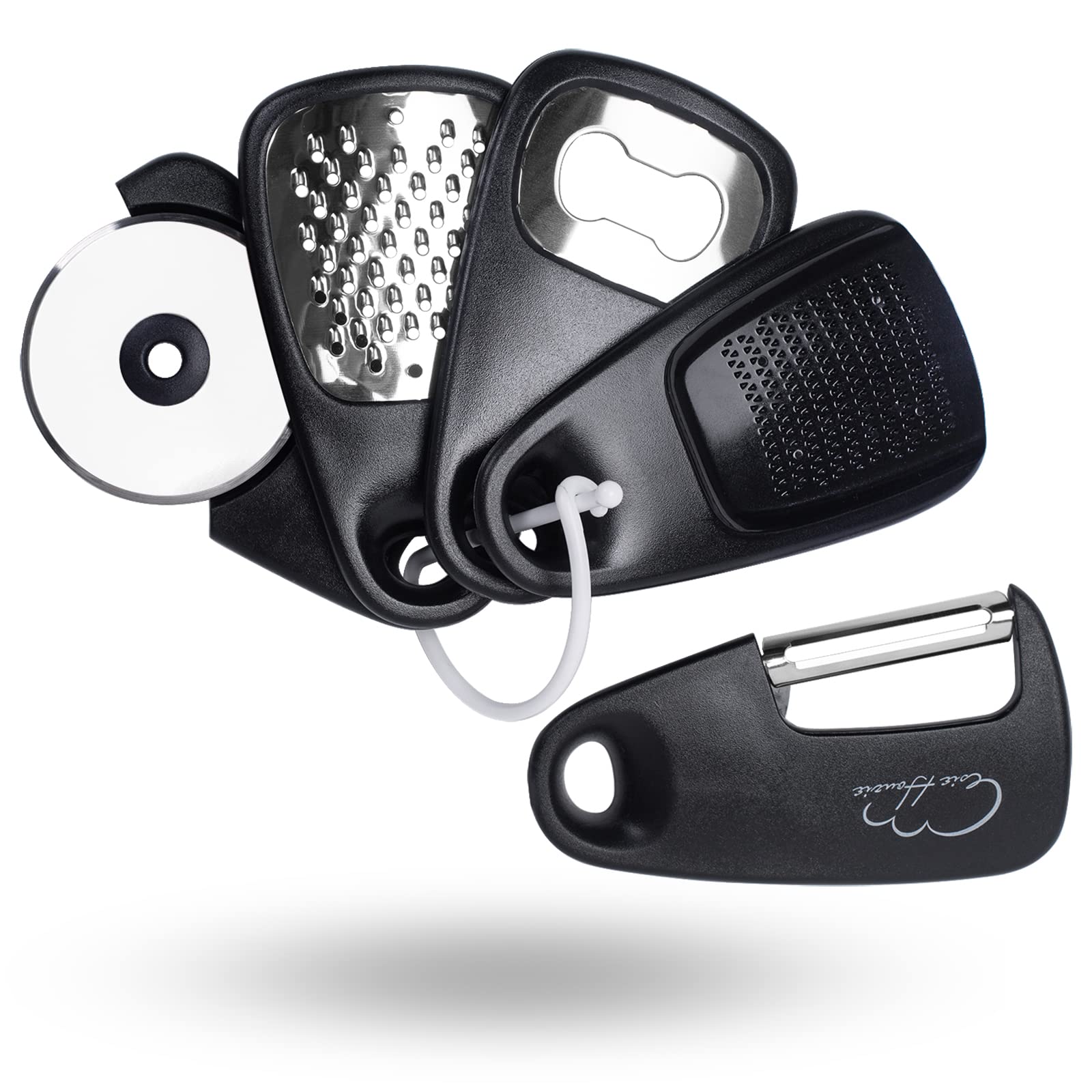 Kitchen Accessories Set of 5, Kitchen Utensils Mini Vegetable Peeler Space-Saving Camping Accessories, Cheese Chocolate Grater, Bottle Opener, Pizza Cutter, Garlic Ginger Grater (Black) — image 1