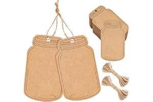 G2PLUS Kraft Paper Gift Tags,Blank Bottle Tags,100PCS Vintage Mason Jar Tags Canning Labels,Brown Hangtags with Natural Jute Twine for DIY and Craft, Canning Jars and Party Favors