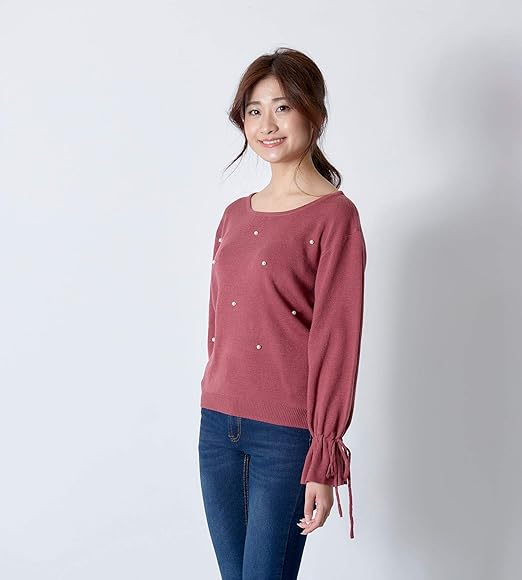 Amazon 神戸レタス Kobe Lettuce 袖リボン身頃パール付きニット レディース キャンディスリーブ 長袖 C3508 ワンサイズ M ピンク セーター 通販