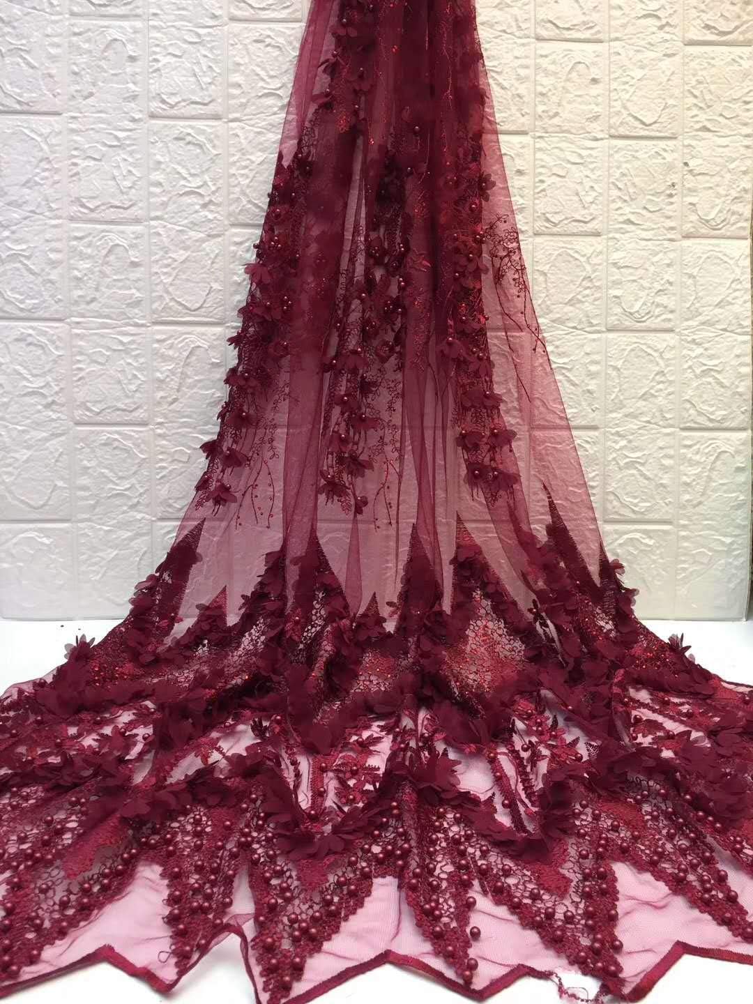 Milylace 3D Flower French Lace Fabric 5 Yards Embroidery Nigerian Tulle lace Fabric with Beads and Stones for Wedding Party (Red Wine)