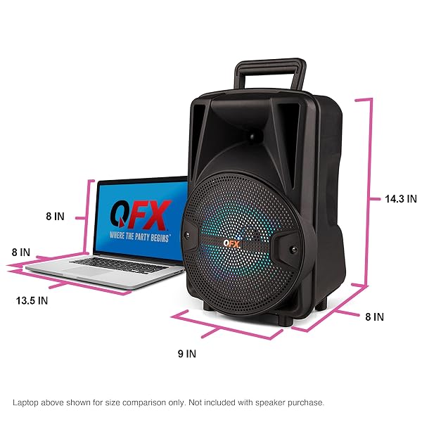 QFX PBX-800TWS 8-INCH TWS BLUETOOTH STEREO PA SYSTEM WITH 2 8″ SPEAKERS, 2 MICROPHONES, 2 STANDS, AND A REMOTE CONTROL